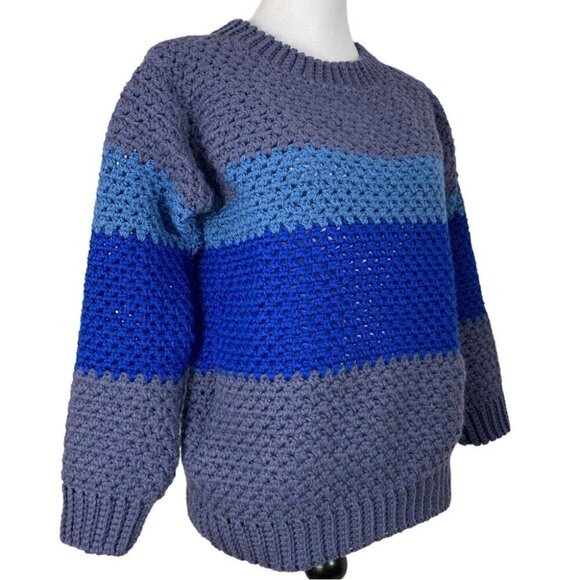 Handmade‎ New Unisex Blue Gray Striped Crewneck 3/4 Sleeve Knit Sweater L/C41 - Picture 3 of 9